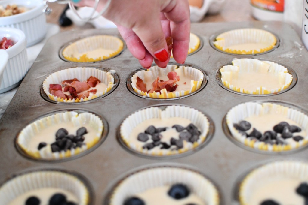 adding bacon to pancake muffins