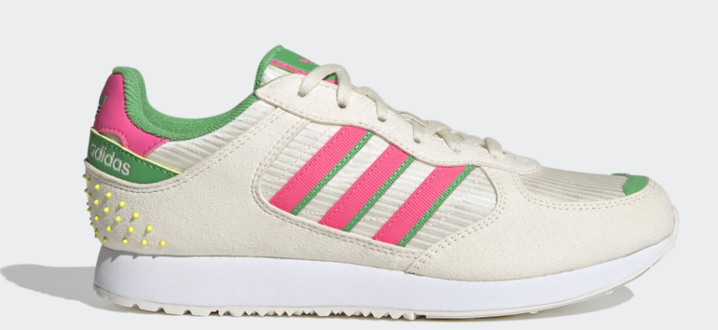 tan, pink, green and white adidas sneaker