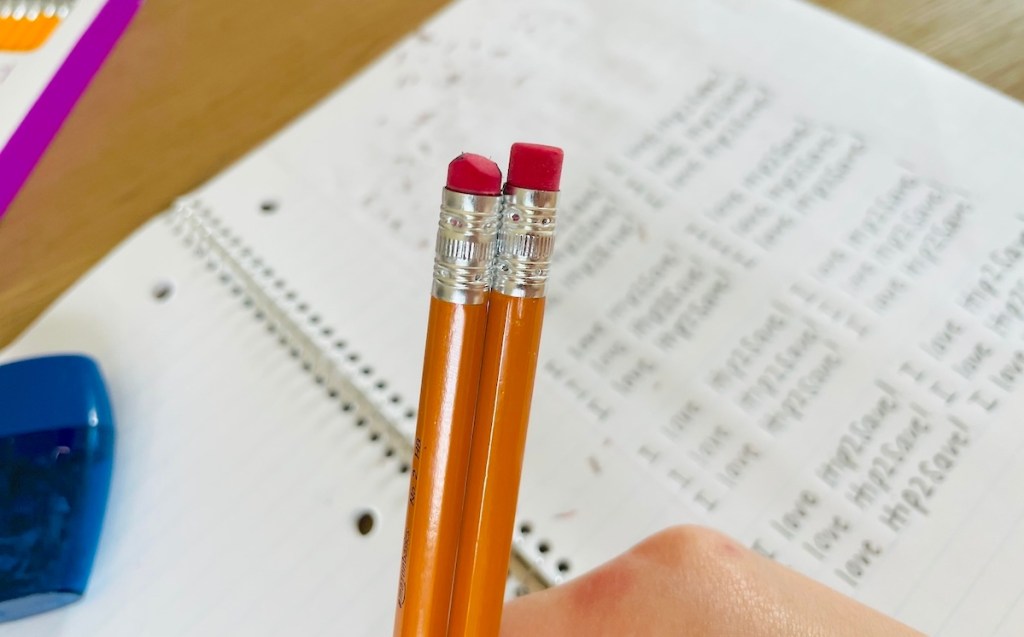 hand holding two wood pencils side by side in front of notebook