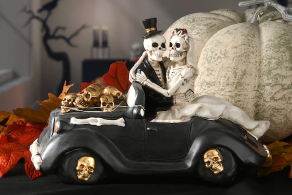 bride & groom skeleton in car