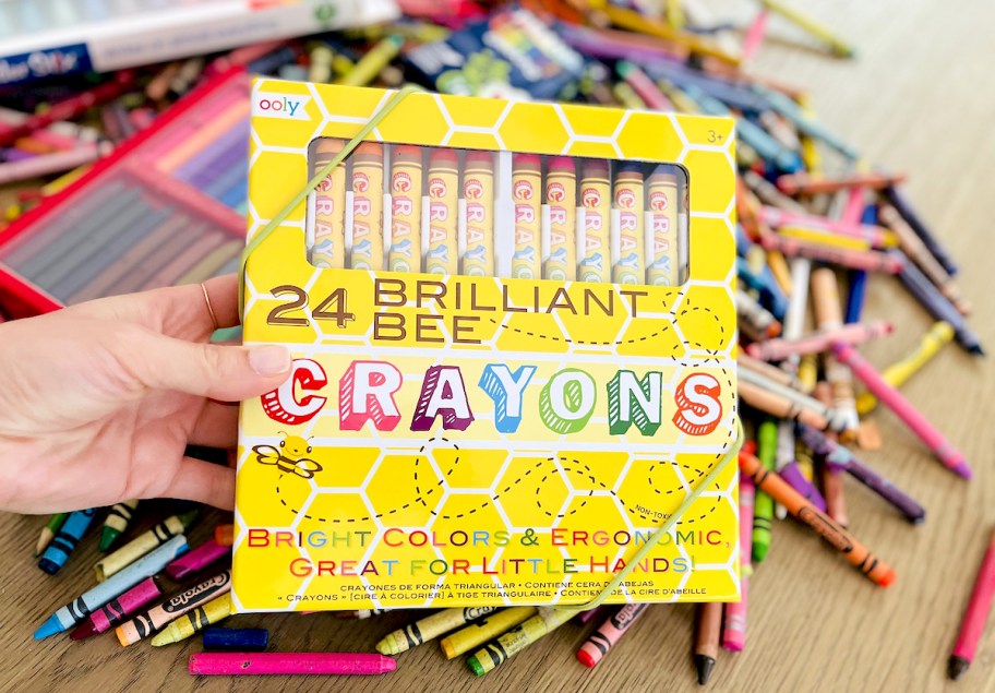 hand holding box of brilliant bee writing tools on wood table with various crayons spread out