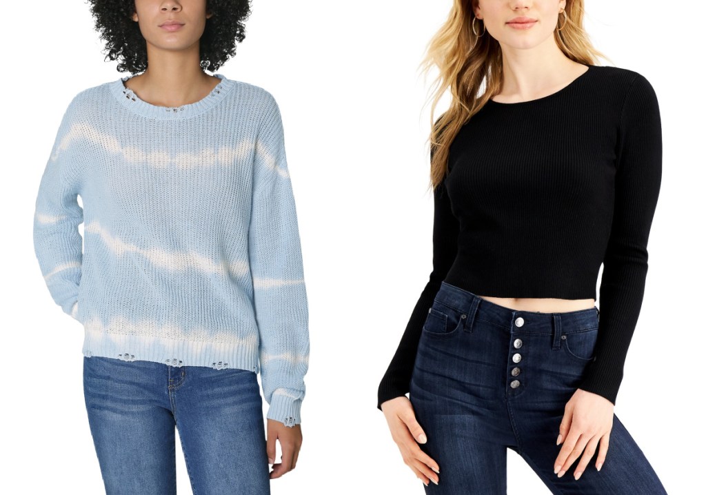 blue and white tie dye sweater and black sweater