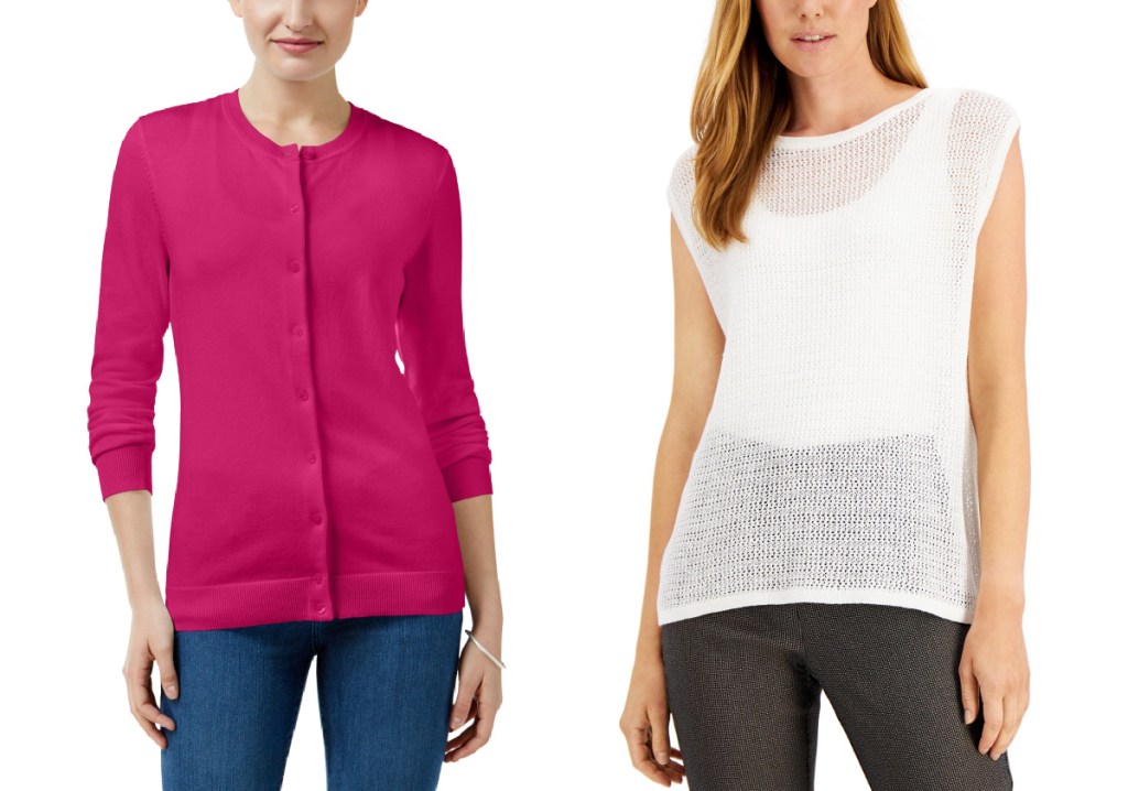 women wearing pink sweater and white see through knit sweater