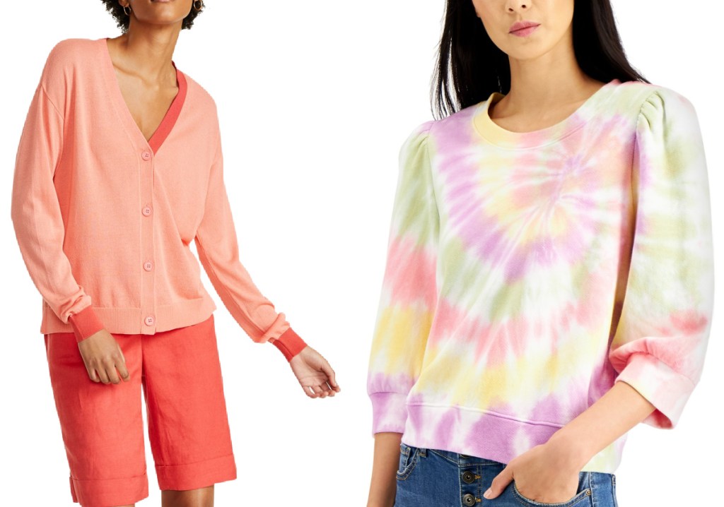 women wearing peach sweater and tie dye sweater