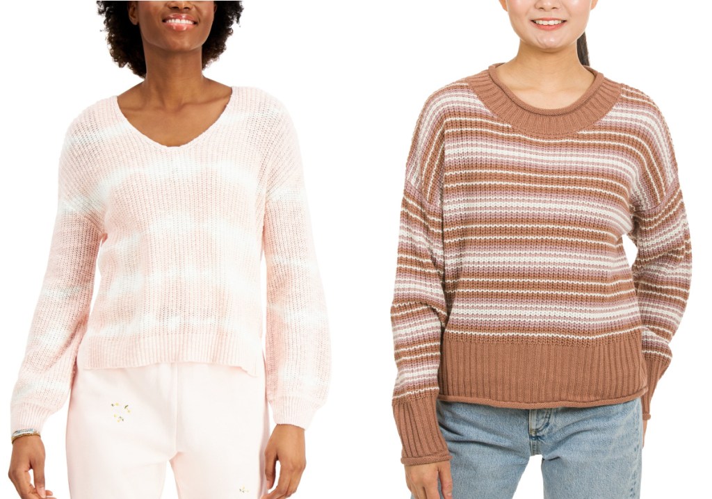 blush and white sweater and brown striped sweater