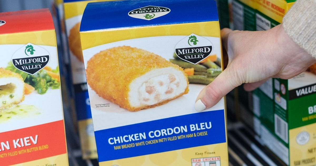 holding a box of frozen chicken cordon bleu