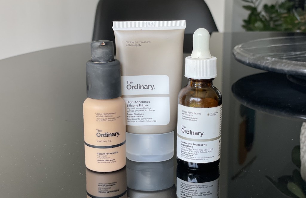 the ordinary skincare and makeup on table