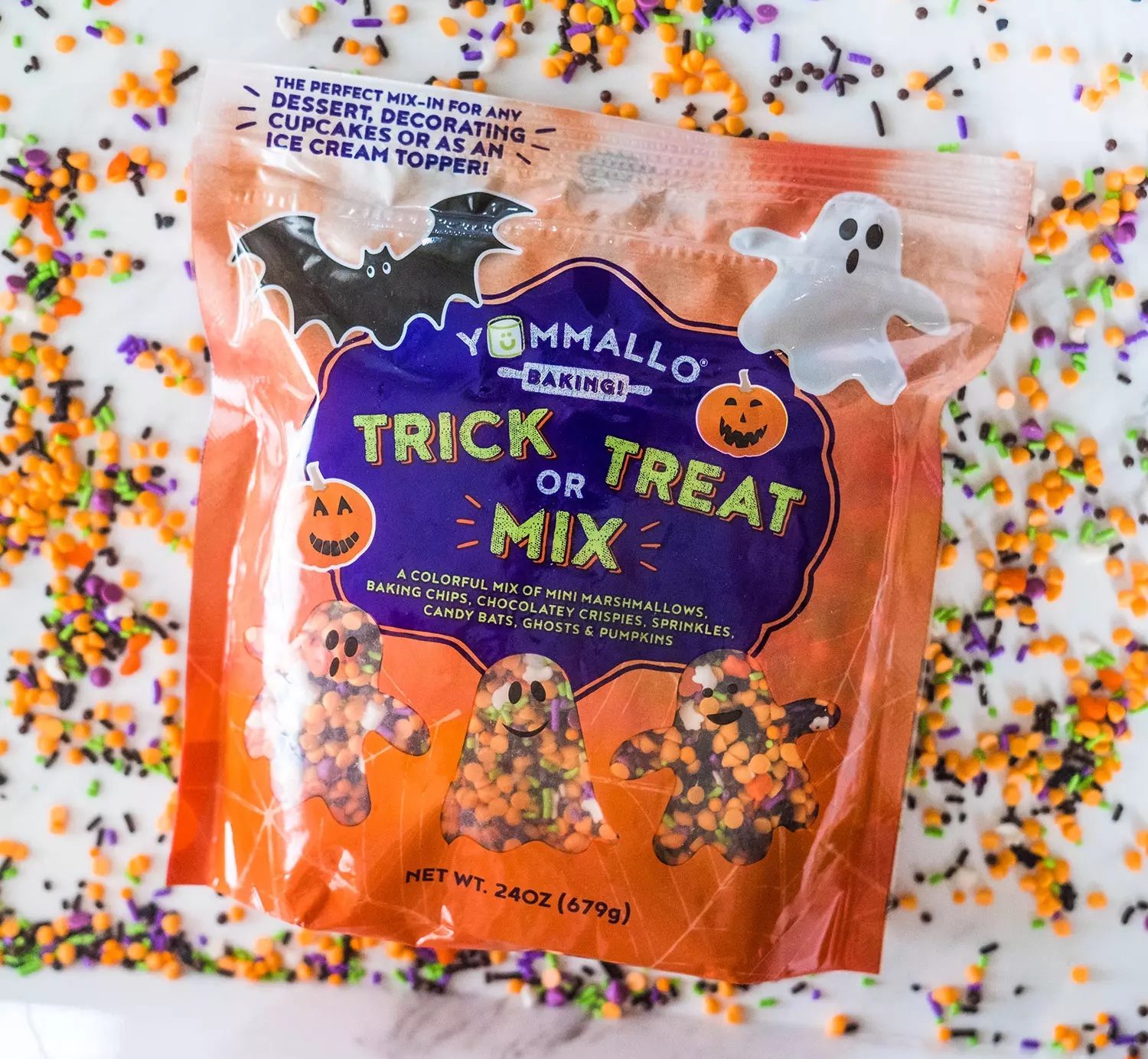 yummalo Trick or Treat Mix in bag on top of sprinkles