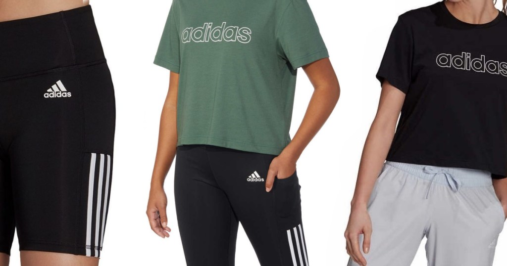 3 people wearing bike shorts and tees with Adidas logo
