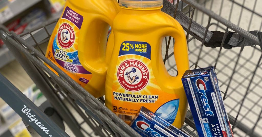 detergent and toothpaste in basket 