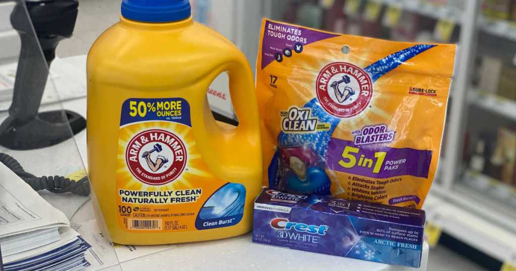 detergent and toothpaste on counter 