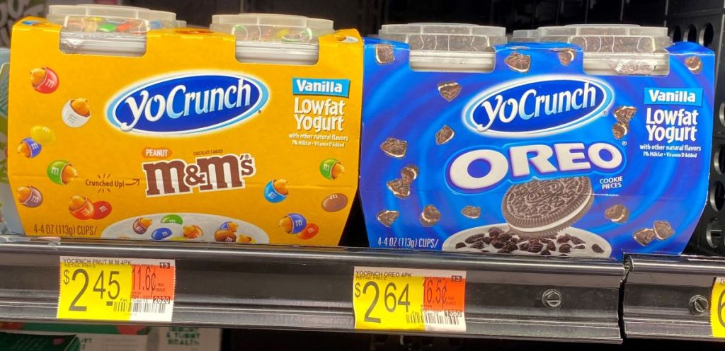 two packages of yogurt on a shelf