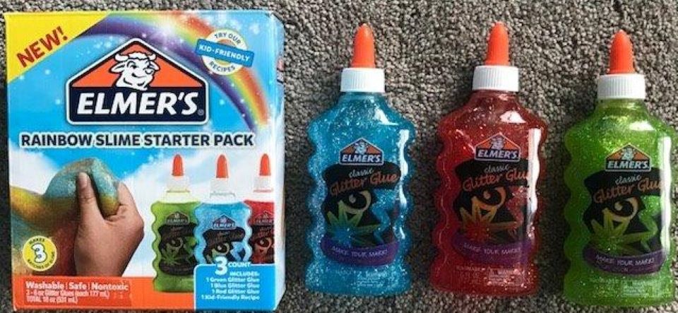 Elmer's Rainbow Slime box and three bottles of glue