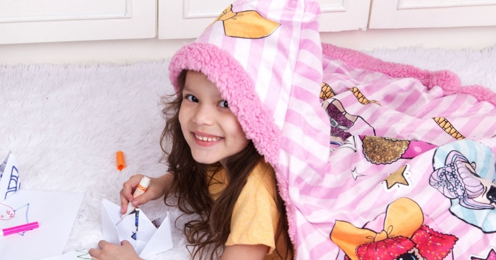 lol surprise hoodie blanket on little girl coloring