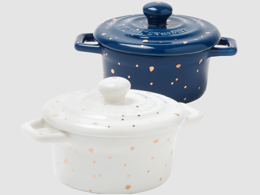 blue and white speckled pots