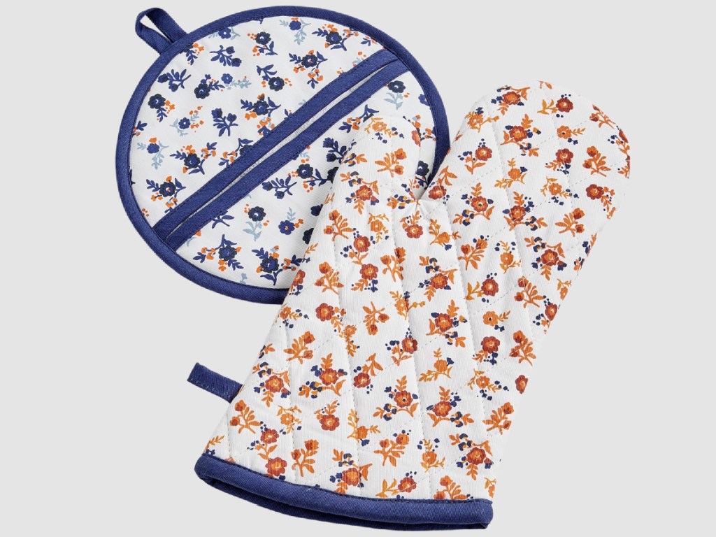 blue and orange flowered pot holder and oven mitt