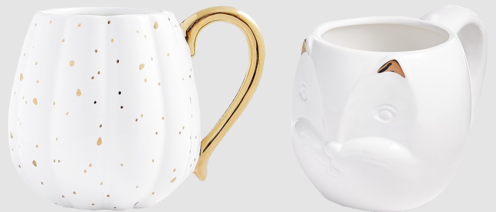 white speckled pumpkin mug and squirrel mug