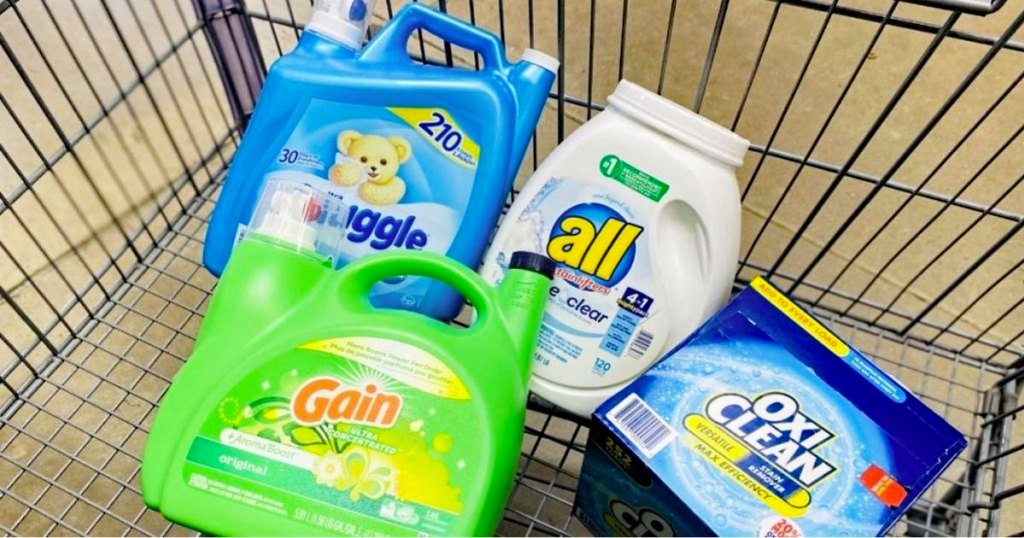 large bottles of laundry products in shopping cart