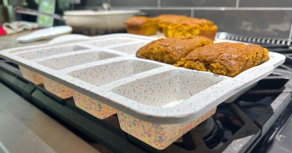 Tiny pumpkin breads in a Trudeau Silicone Mini Loaf Pan