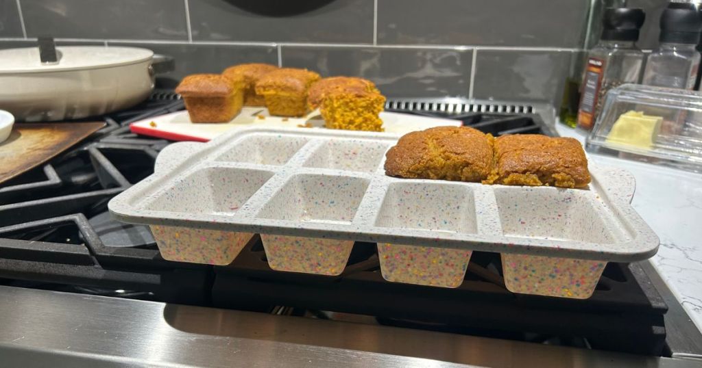 Tiny pumpkin breads in a Trudeau Silicone Mini Loaf Pan