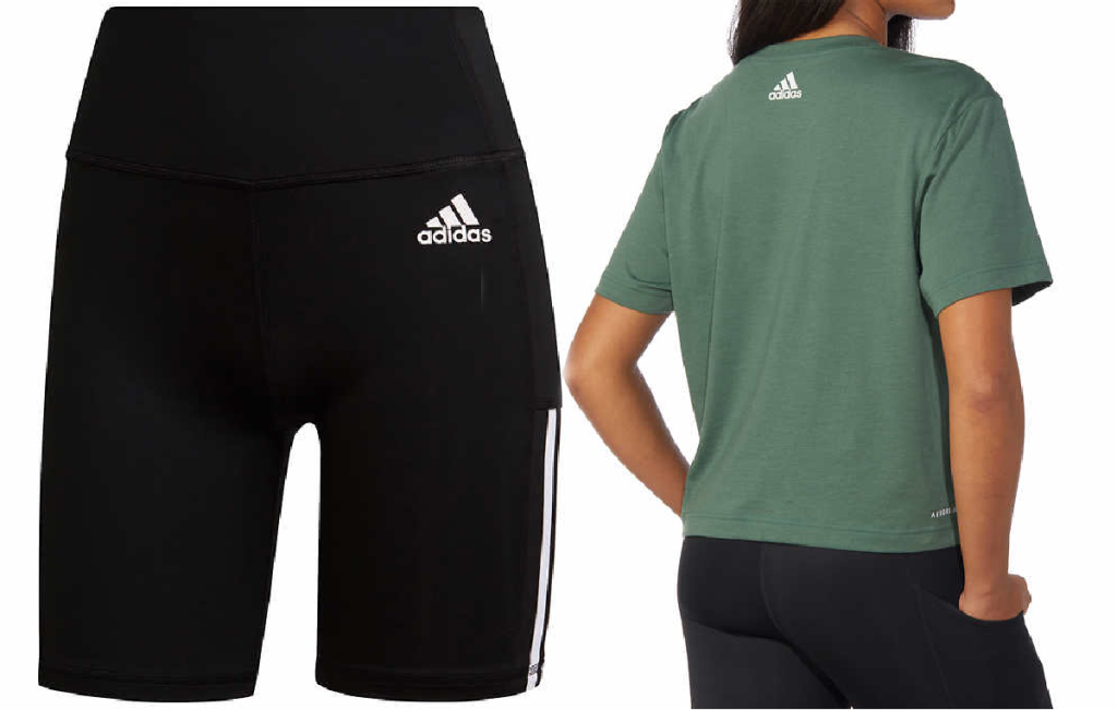 black bike shorts and woman showing back of green tee