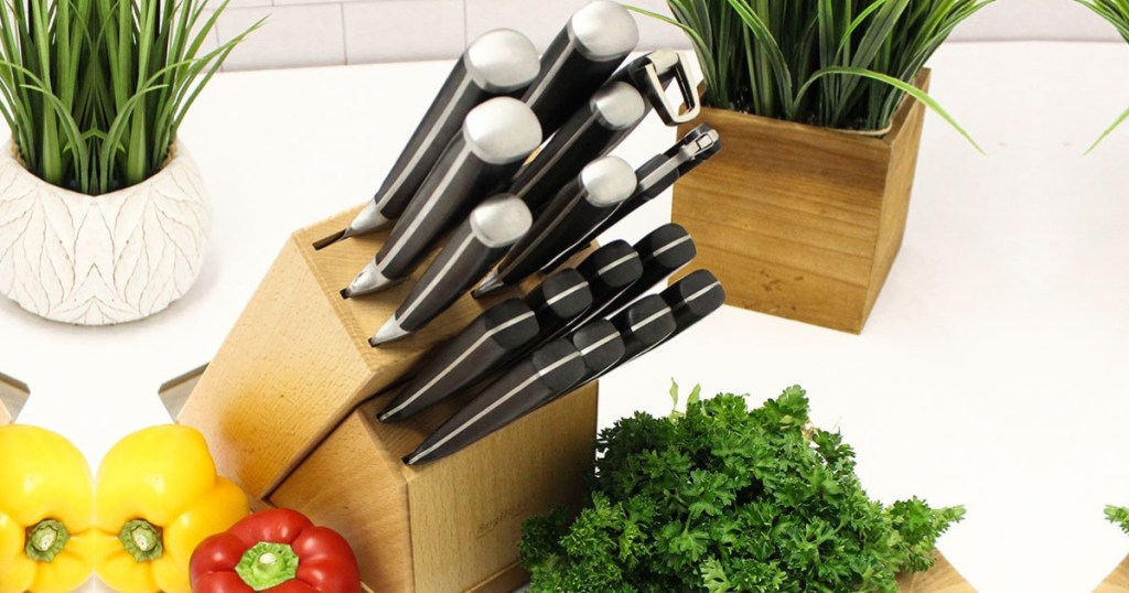 knife block set surrounded by vegetables