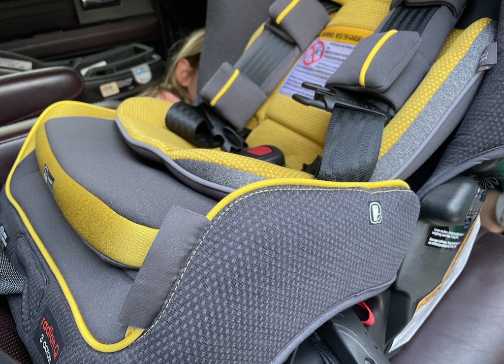 close up of gray and yellow car seat 