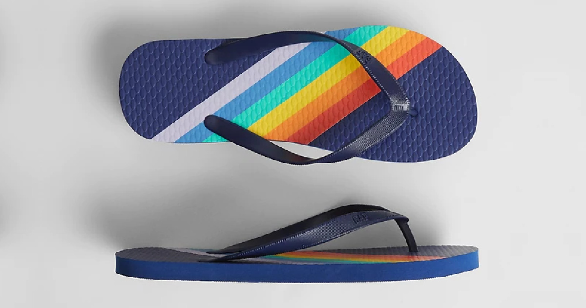 blue flip flops with rainbow stripes