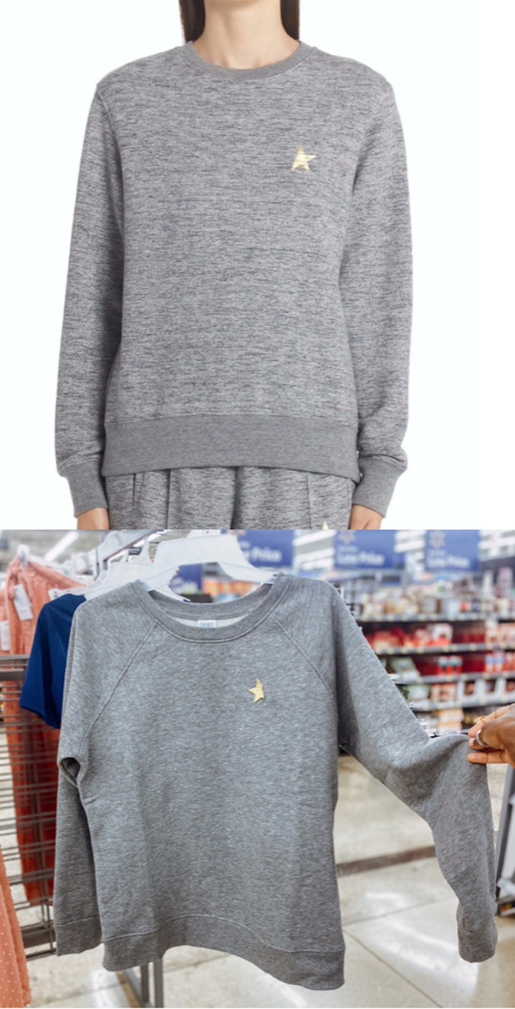 comparison of gray sweatshirt with gold star on front
