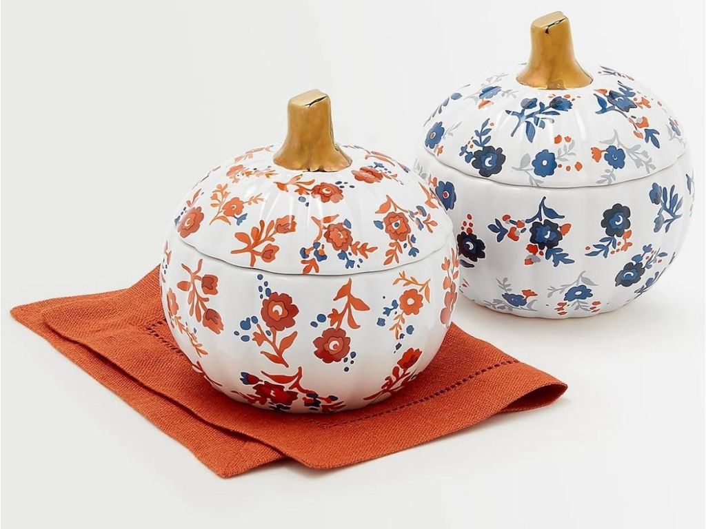 orange and blue harvest pumpkin dishes