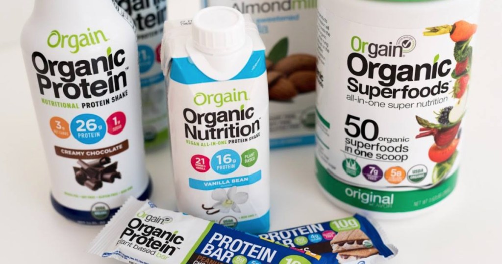 orgain organic bars, shakes, & powders