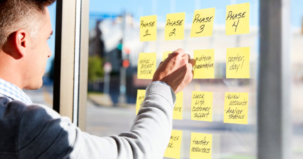 post it notes on window with man