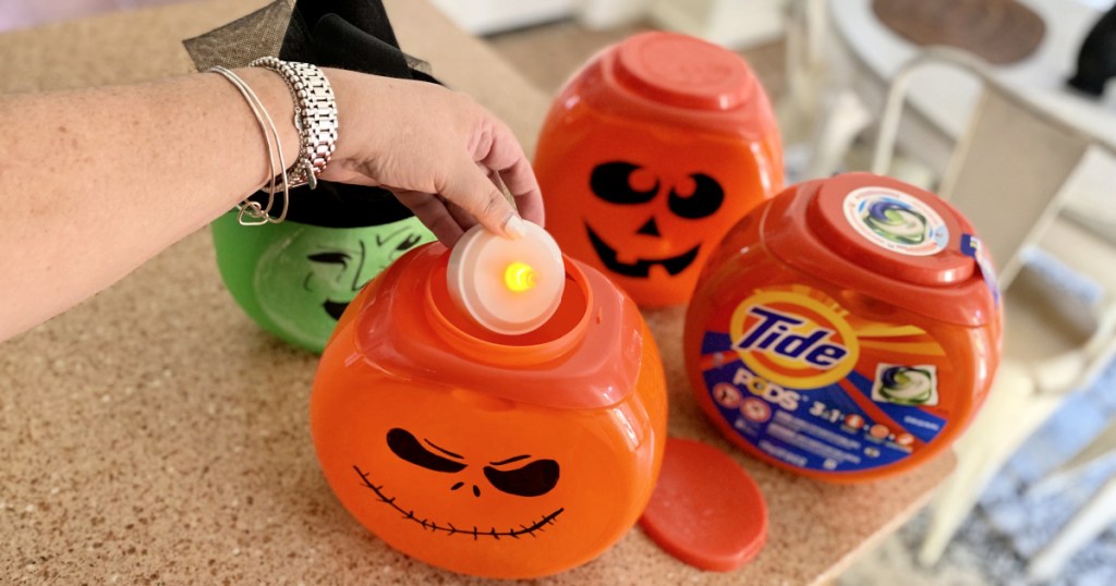 putting tea light inside tide pod container halloween decorations