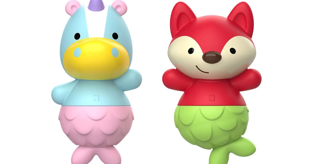 stock image of colorful unicorn and fox bath toy