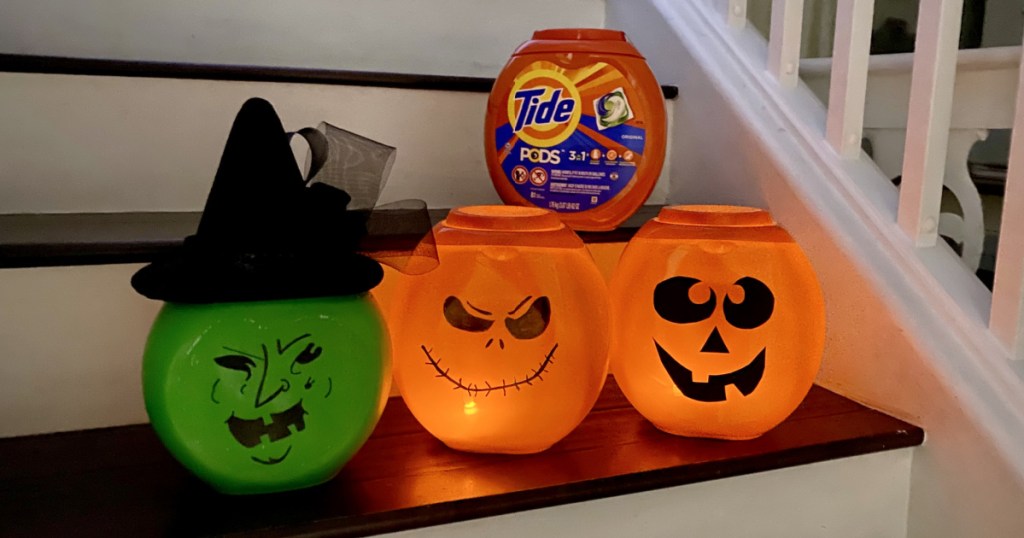 tide pod container pumpkins on the stairs