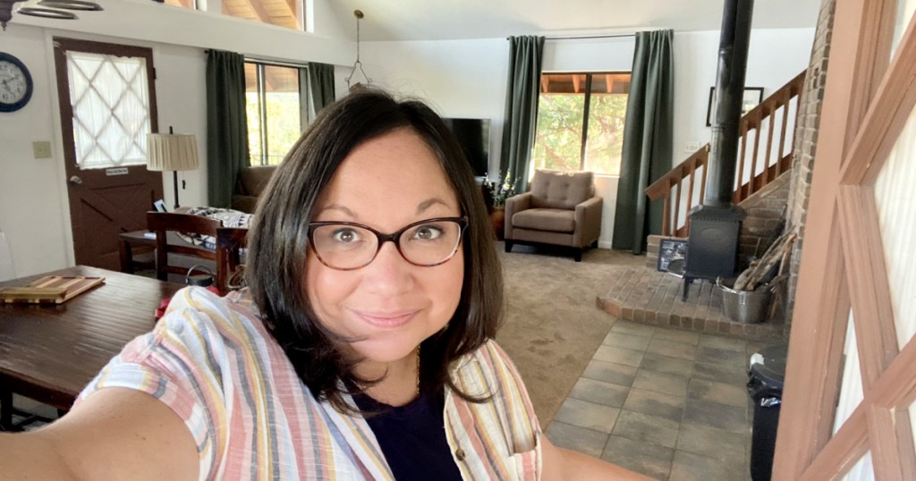 woman at an airbnb cabin 