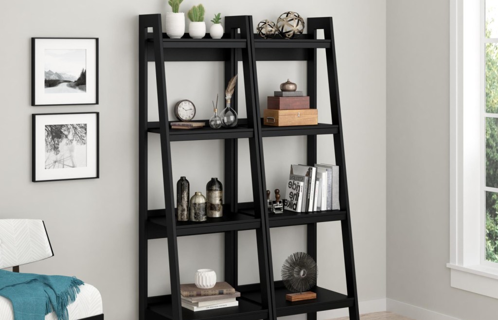 Ameriwood Home Hayes 4 Shelf Ladder Bookcase Bundle, Black