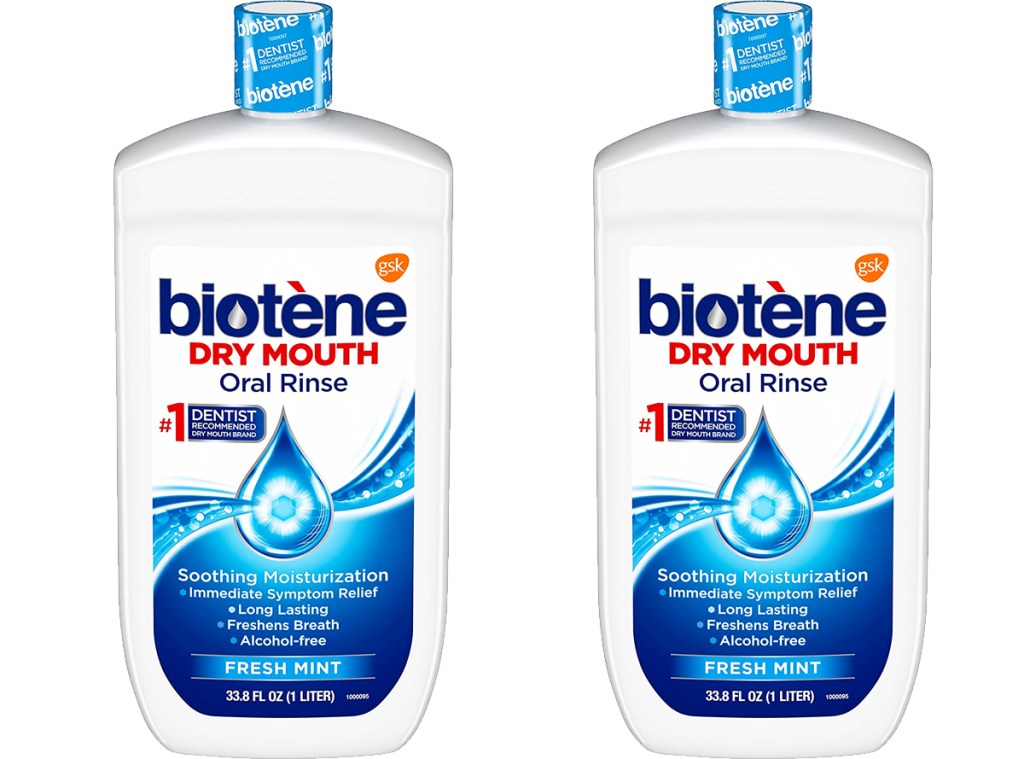 two bottles of Biotene mouthwash