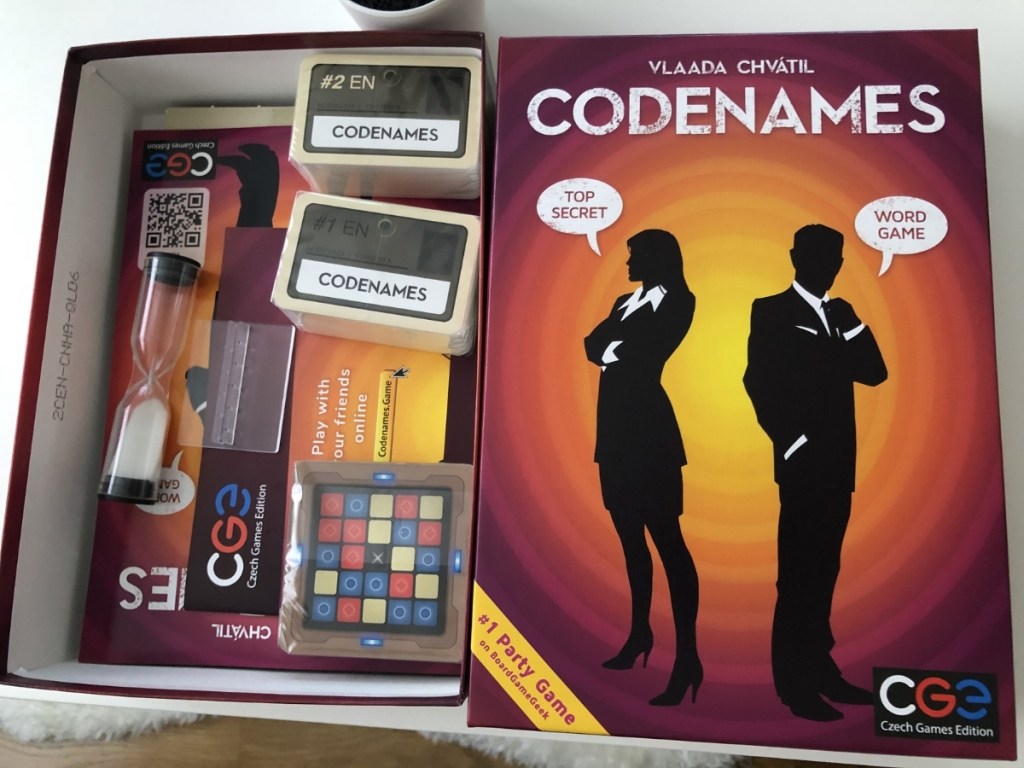 codenames board game box with pieces