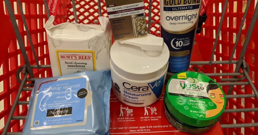 skin care products in red cart