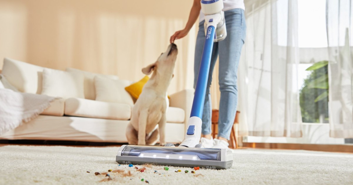 woman using cordless vacuum cleaner