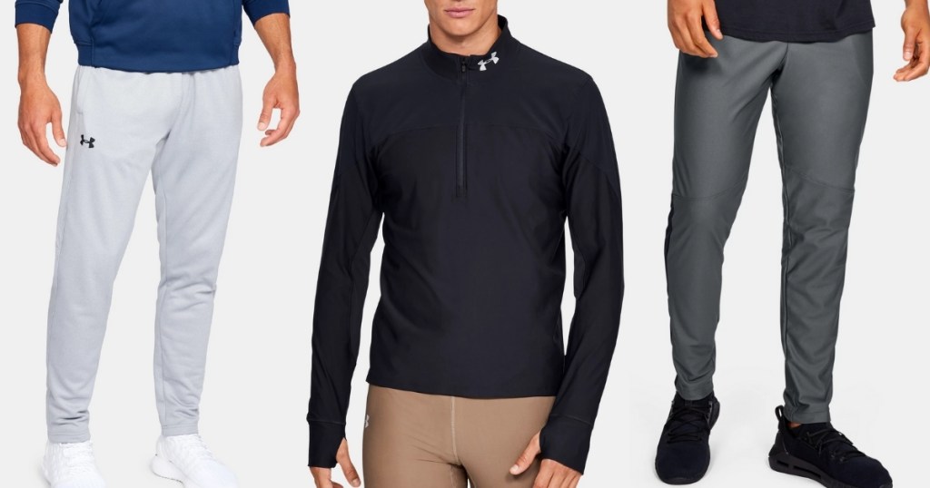 under armour men's black jacket, and 2 pairs of grey pants