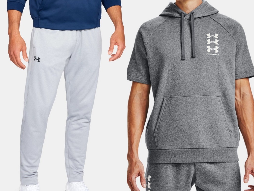 under armour grey fleece pants and grey short sleeved hoodie