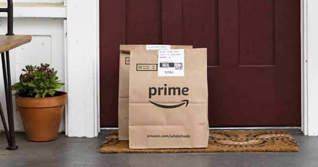bagged groceries from Amazon on porch