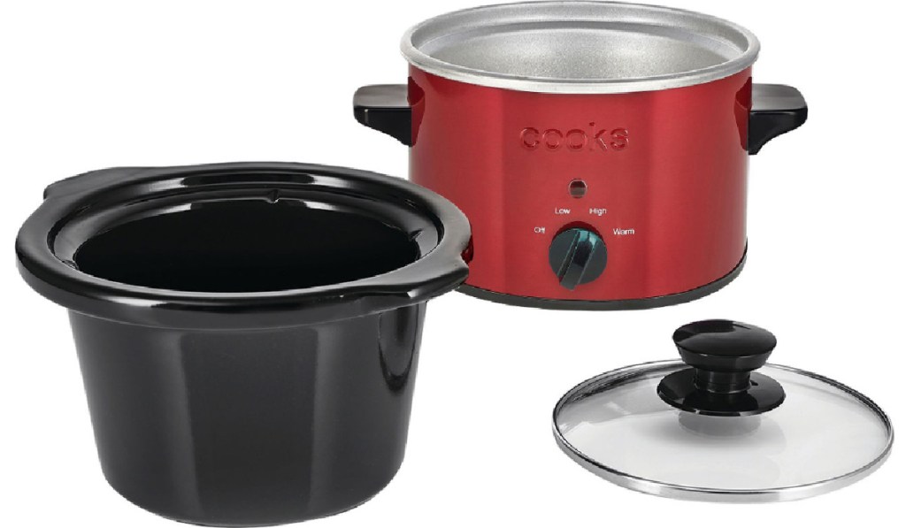 cooks slow cooker in red