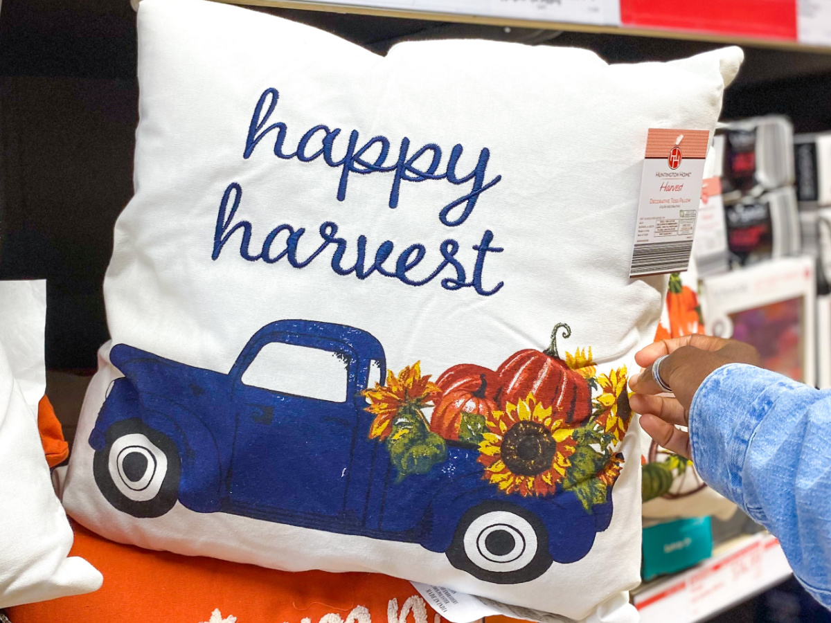 hand showing throw pillow with blue truck on it