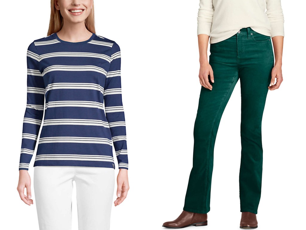 woman wearing striped tee and woman wearing green corduroy pants