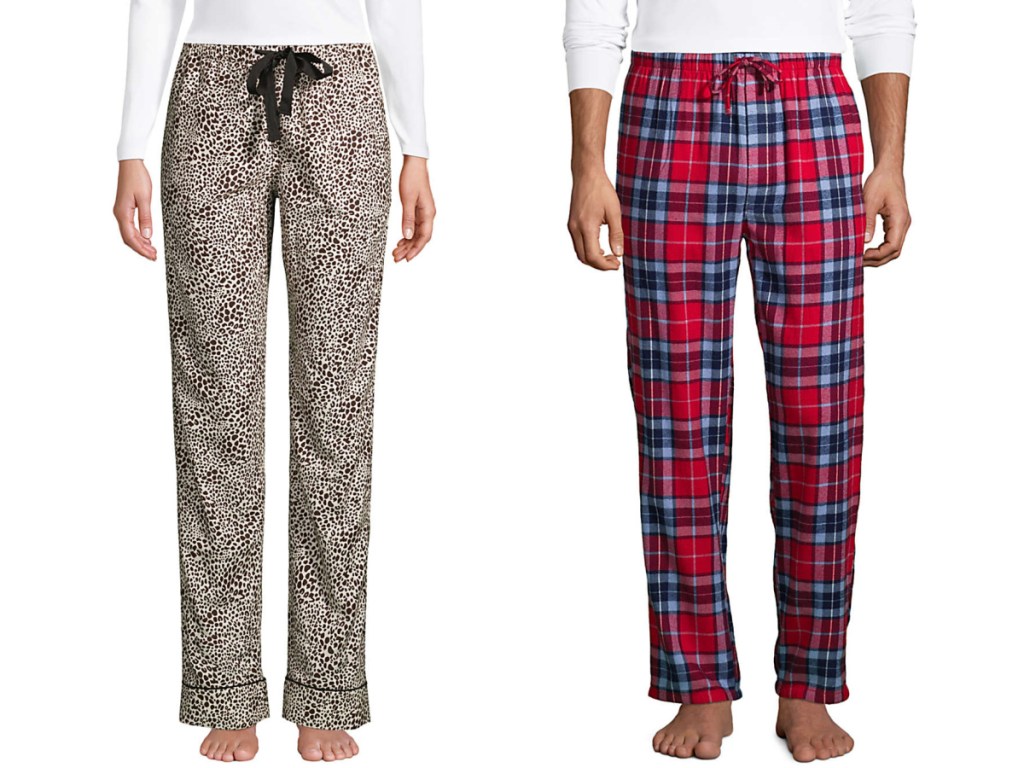 woman wearing leopard print pajamas and red and blue flannels