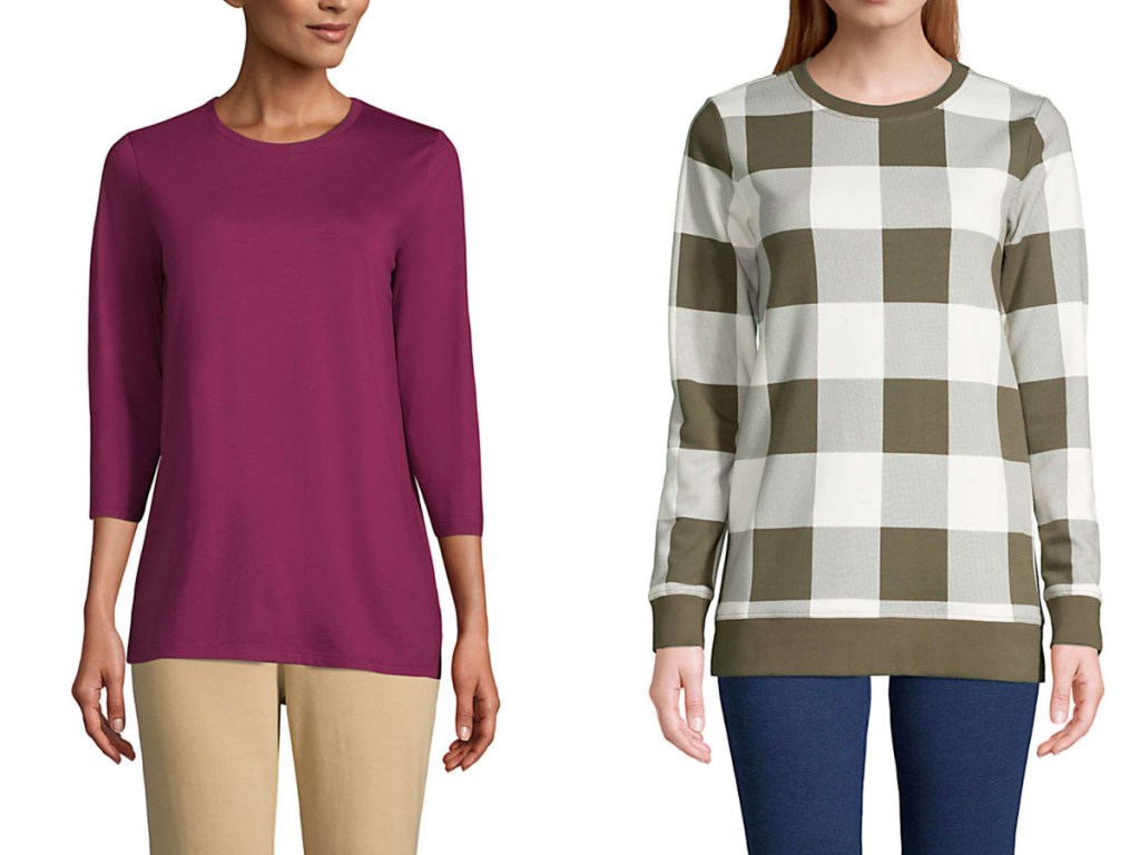 woman wearing purple top and buffalo checked green and white top