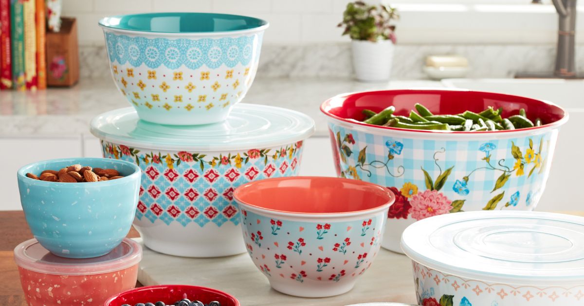 Pioneer Woman mixing bowls stacked with prep bowls on counter